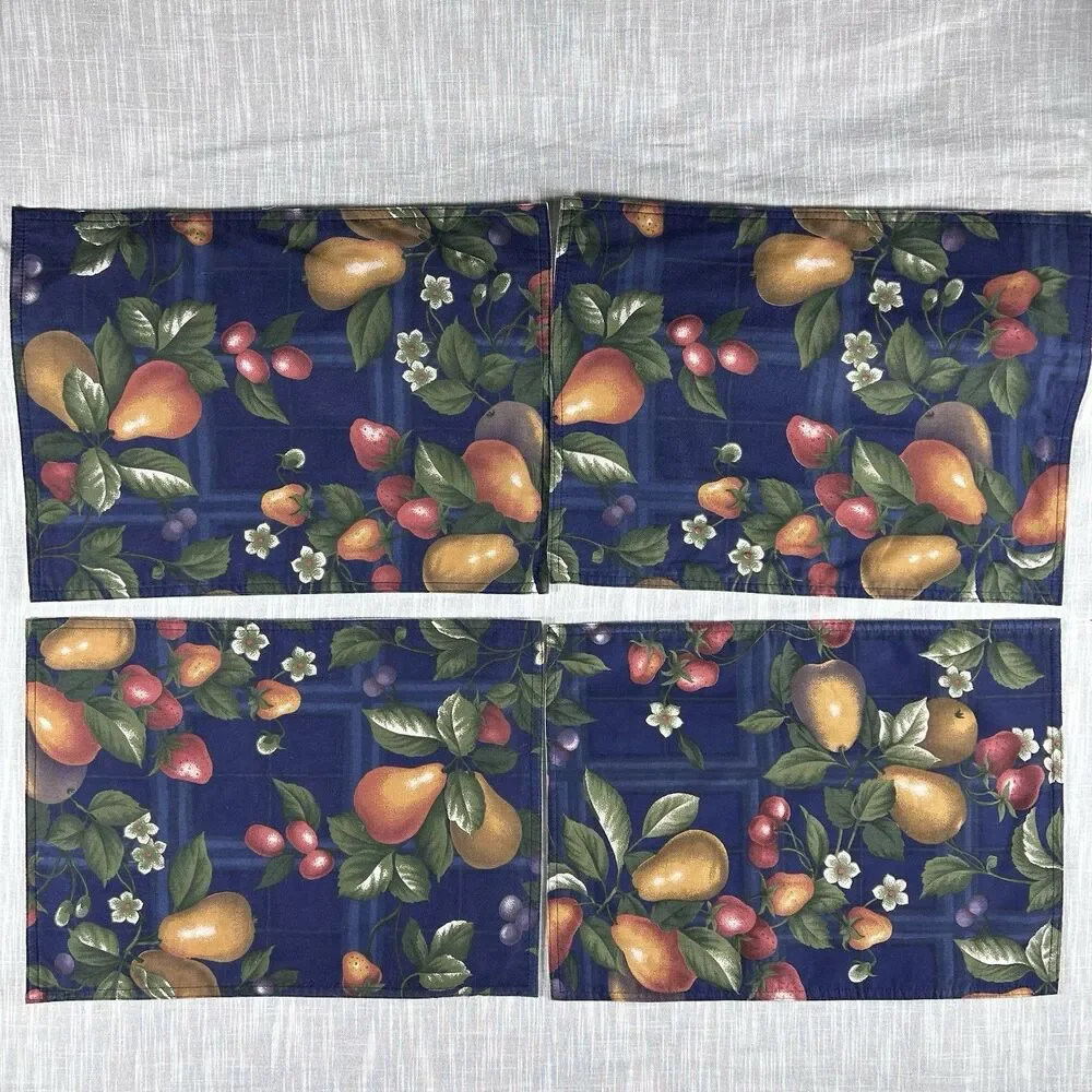 Vintage Handmade Placemats Set Of 4 Cranston Fruit Fabric Handmade MCM Blue